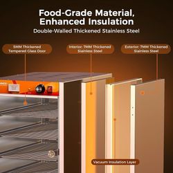 B505 $190  133Qt 5-Tier 900W Commercial Food Warmer w/ 304 Blued Stainless Steel Heating Element, Single-Tempered Glass Door, Adjustable Shelf, Electr