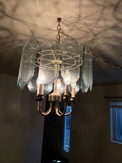 Vintage Glass Panel Chandelier with Candelabra Arms