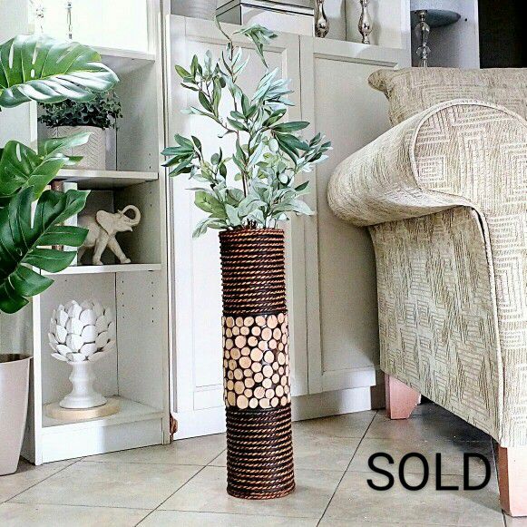 New Floor Vase, Rattan & Tree Slices Container with Artificial Plants  36"x12" vessel, container, pottery, faux plants, fake plants, home decor, boho
