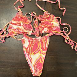 SHEIN Brazilian Bikini Pink and Orange Psychedele 2 pieces Swimsuit size M