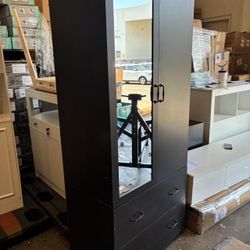 Wardrobe with Mirror & 2 Drawers, 2-Door Wardrobe with Shelves & Hanging Rod, Black-Brown (31.5”W x 18.9”D x 72”H)