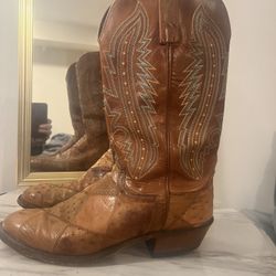 LUCCHESE MEN'S  1883 OSTRICH SKIN COGNAC WESTERN BOOTS - Size 10 E With teal 