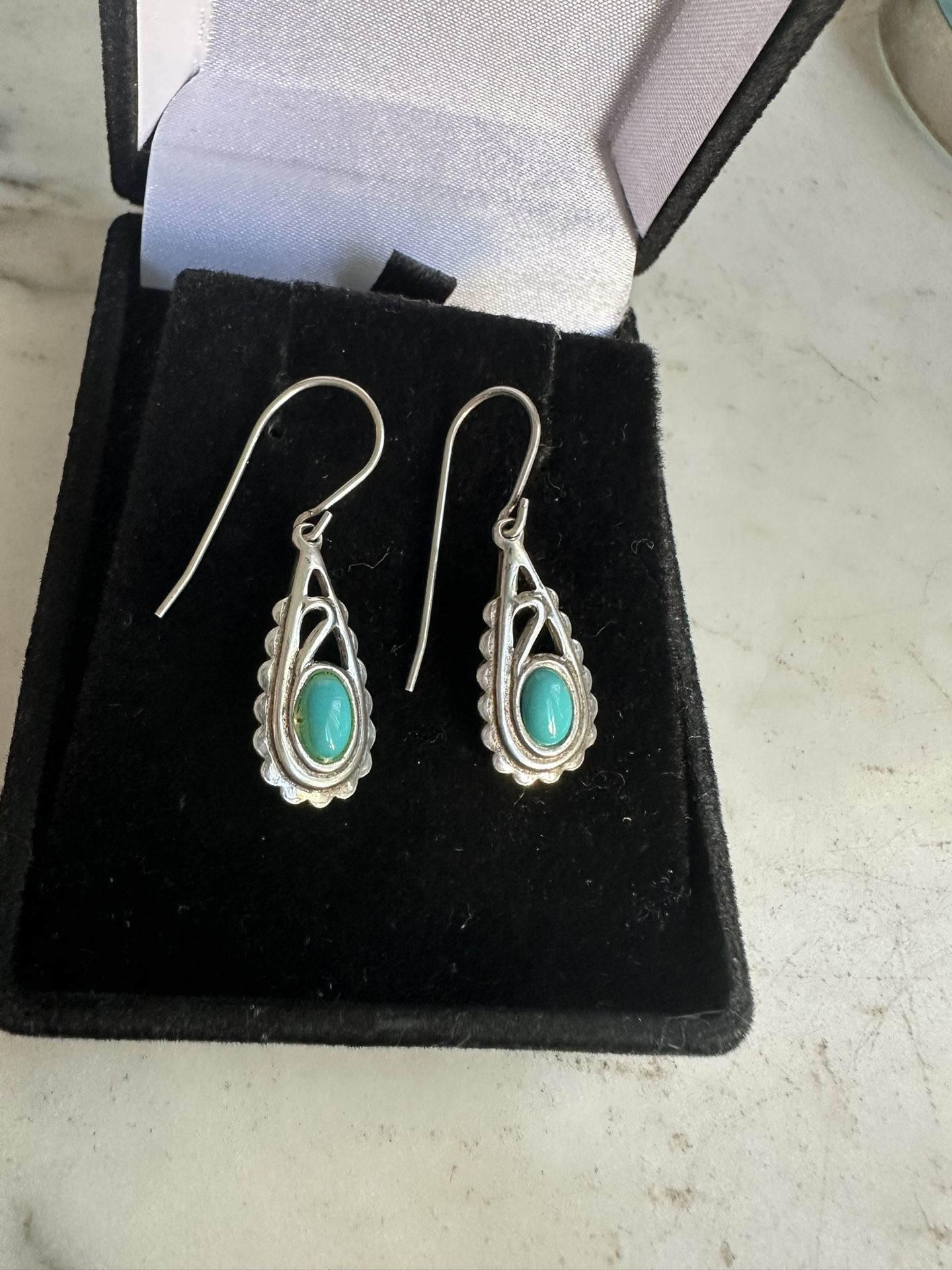 925 Sterling Silver , Turquoise Earrings , Marked Sterling On The Back Of Each Earring , Good Condition, Hook Dangle Earrings , Lightweight.
