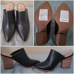 Women's 5M Black Block Heel Mule Pointed Toe Faux Leather. 3.75" heel.