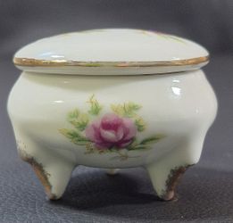 Small Gold Rim Footed Dish With Lid  & Painted Rose Detal Vintage Antique