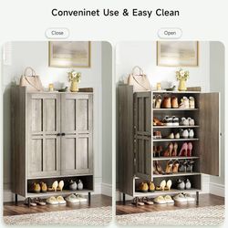 Shoe Cabinet with Cross Molding Doors, 6-Tier Storage(Gray Wash) 18-24 Pairs Shoe Storage Cabinet with 3 Adjustable Shelves & Metal Legs, 45 Inch Tall