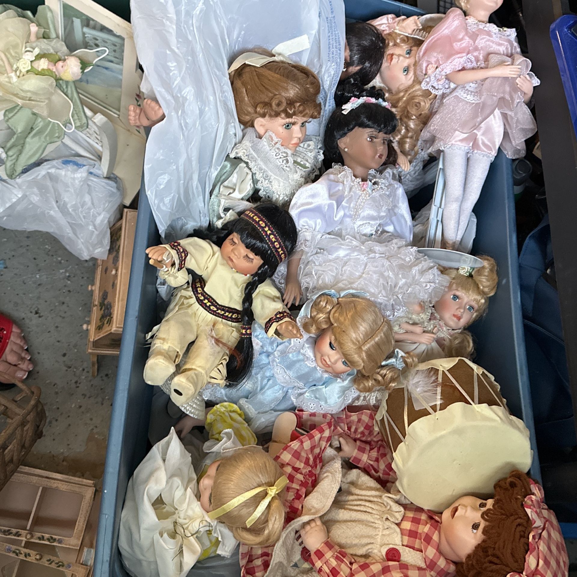 Tub Of Porcelain Dolls And Furniture