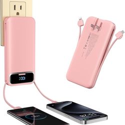 Portable-Charger Power-Bank with Built-in Cables & AC Wall Plug - 12000mAh PD 20W Fast Charging for iPhone,Samsung,Android, USB-C,Rechargeable Externa