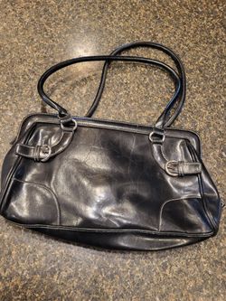 Purse 8x13 black rectangle purse with 2 curved buckles in top corners, double straps, includes wallet