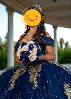 Navy Blue Gold Sequin Quinceanera Ball Gown, Crown & Bouquet. Vestido de Quince años Quinceañera