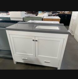 White Bathroom Vanity with Gray Stone Top