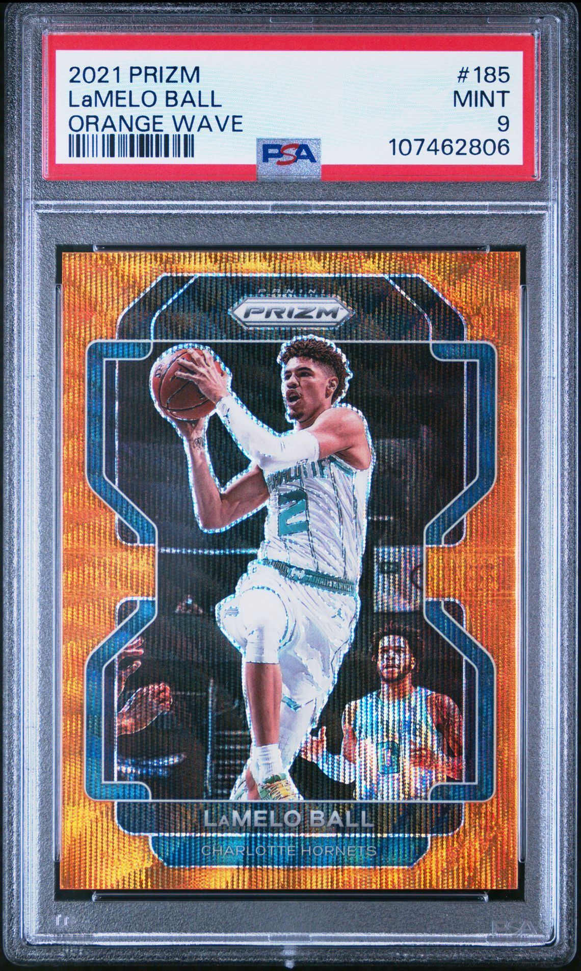 2021 Panini Prizm #185 Lamelo Ball ORANGE WAVE PRIZM RARE PARALLEL Card - Serial #’d 43/60 GRADED PSA 9 MINT CONDITION