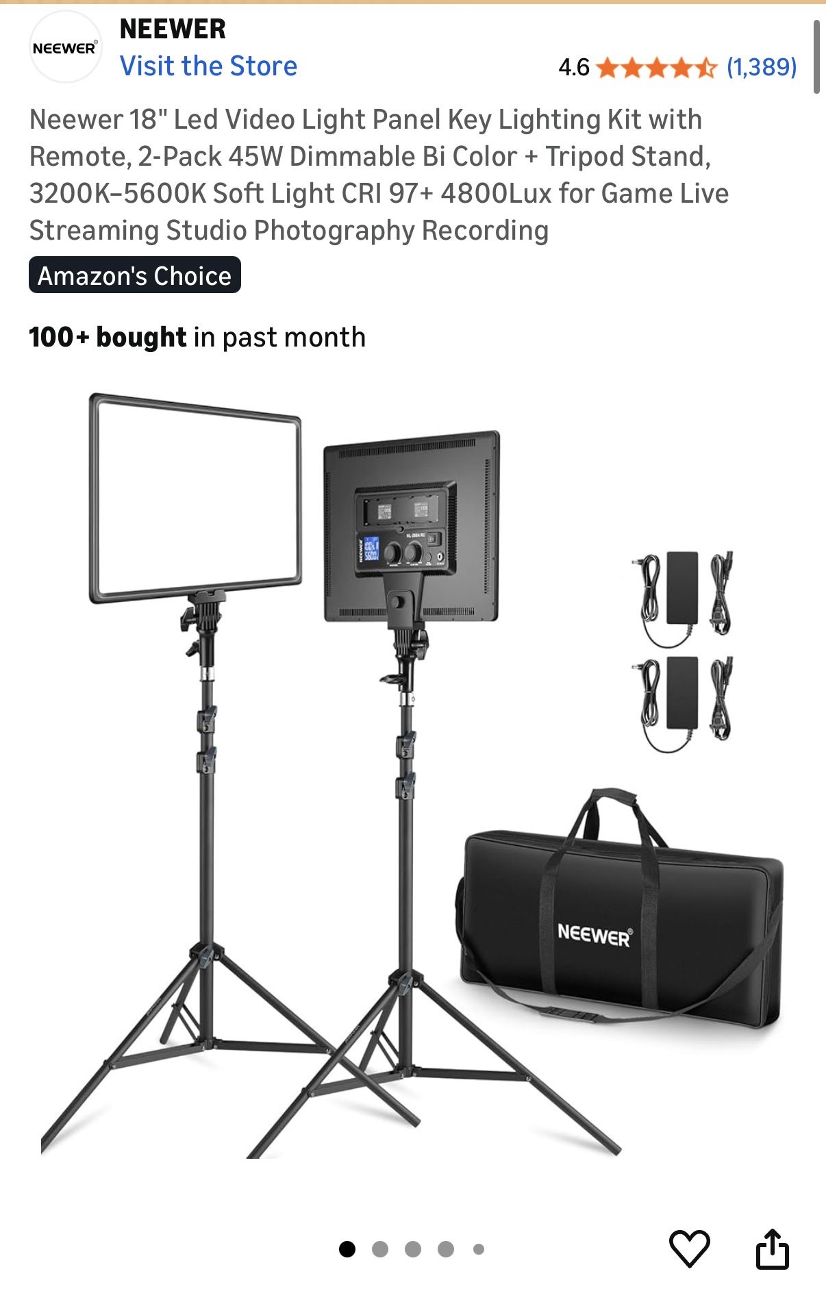 Neewer 18" Led Video Light Panel Key Lighting Kit with Remote, 2-Pack 45W Dimmable Bi Color + Tripod Stand, 3200K–5600K Soft Light CRI 97+ 4800Lux for