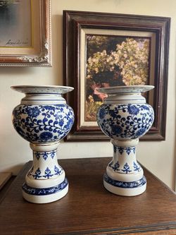 Pair of Blue and White Porcelain Pedestal Vases