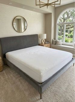 West Elm King Gray Upholstered Platform Bed Frame with mattress