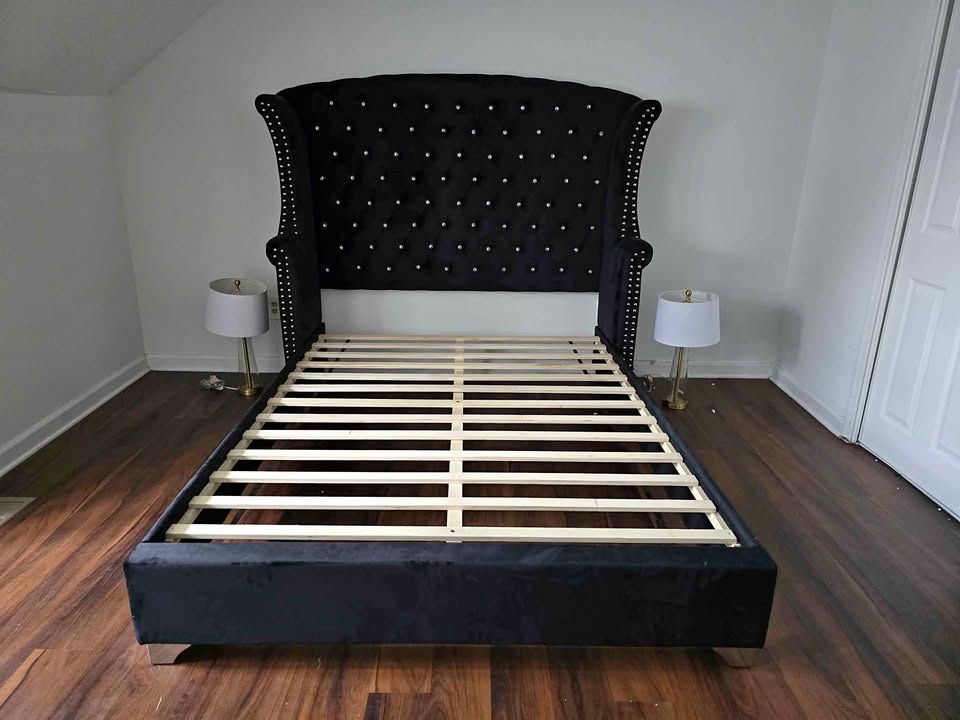 Luxury Upholstered Black King And Queen Size Bed Frame, Mattress 