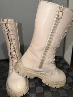 Girls Cream Tall Chunky Combat Boots - Size 12 / 12.5 (EU 30)