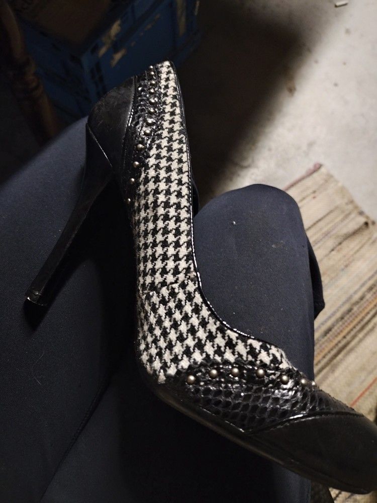 Black & White Checkered Tweed &Patent Leather Pumps