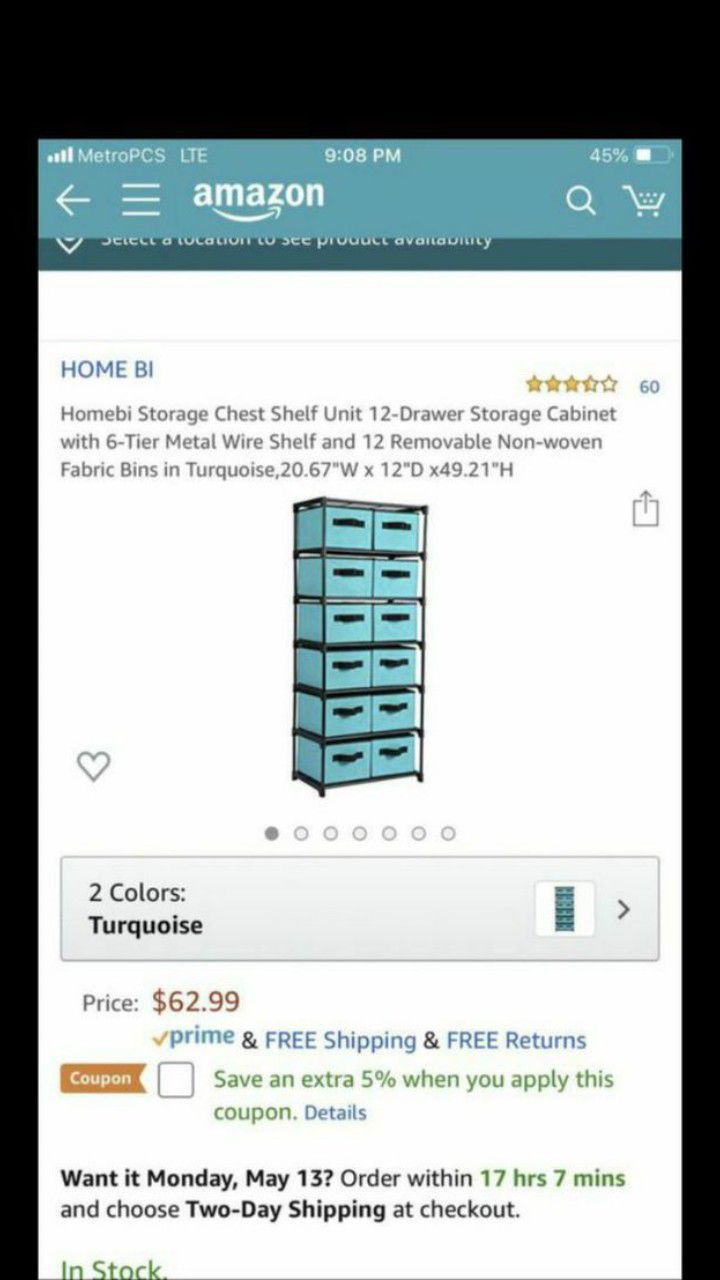 Homebi Storage Chest Shelf Unit 12-Drawer Storage Cabinet with 6-Tier Metal Wire Shelf and 12 Removable Non-woven Fabric Bins in Turquoise,20.67"W x