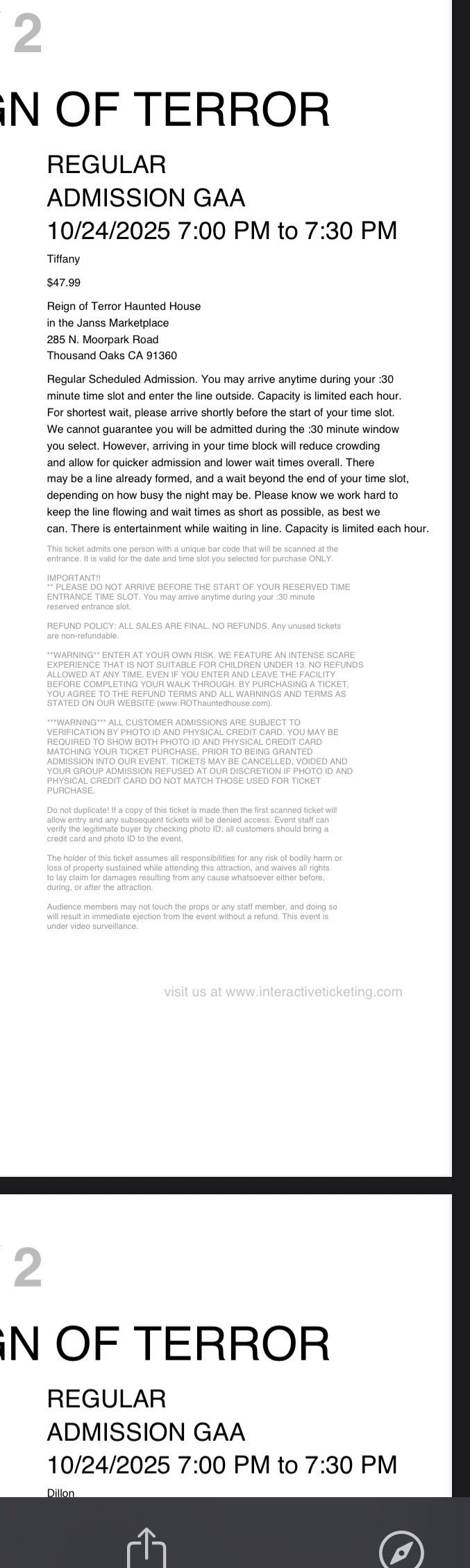 Two Reign Of Terror Tickets For Sale