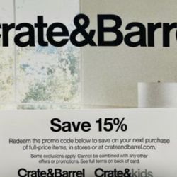 Crate & Barrel 15% OFF coupon valid by 9/30/2022