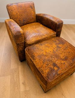 RESTORATION HARDWARE LIBRARY CHAIR AND OTTT