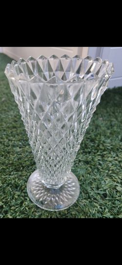Clear Cut Glass Diamond Pattern Footed Vase