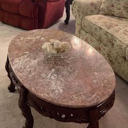 Antique Marble & Cherry Wood Coffee Table & 2 End Tables