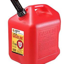 This is a 5-gallon gasoline drum from the Midwest Can Company brand, designed for the safe storage and transport of fuel.