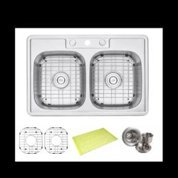 Topmount Drop In Stainless Steel 33 in. x 22 in. x 9 in. Deep 3 Faucet Holes Double Bowl 50/50