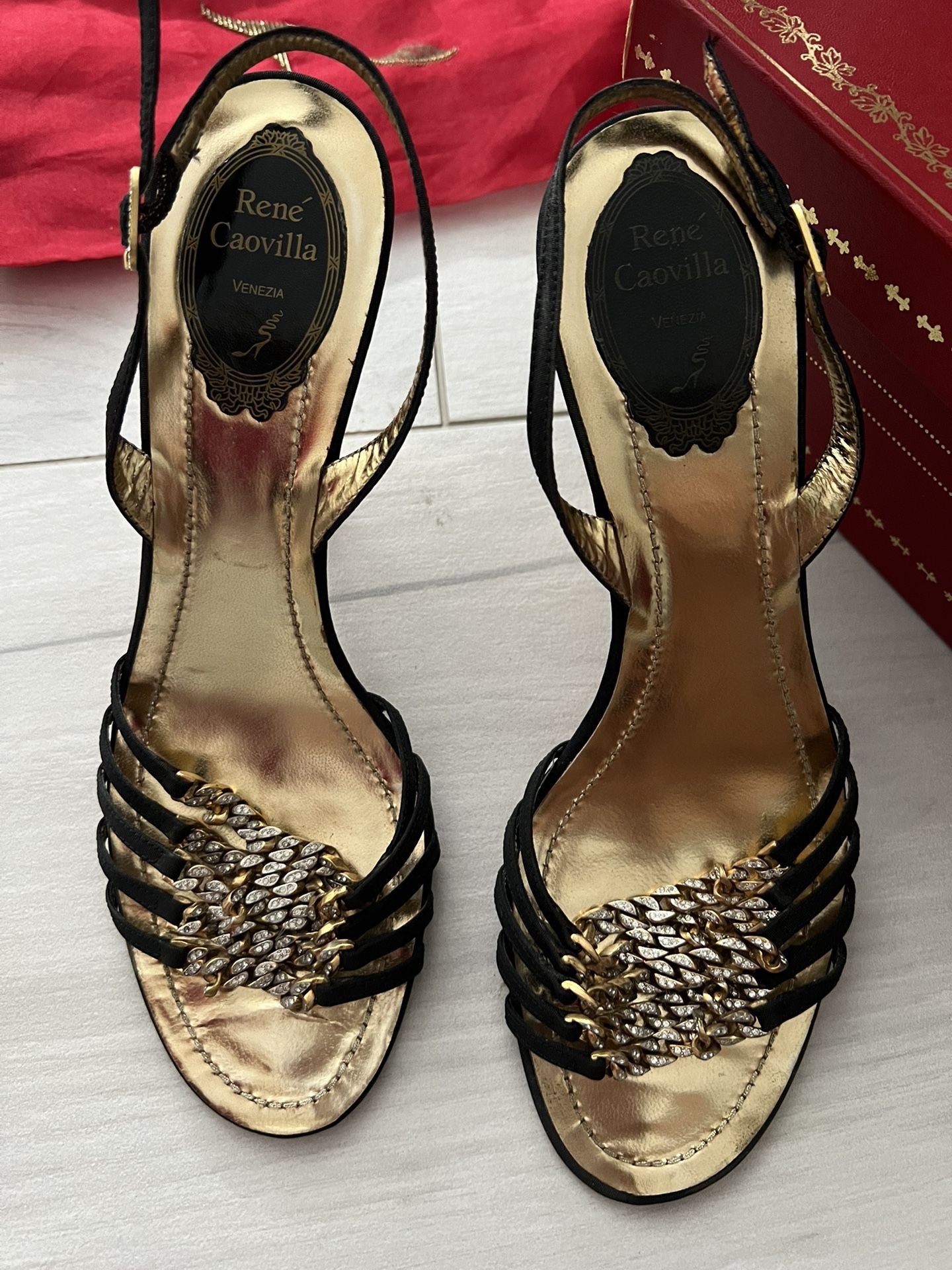 Authentic Rene Caovilla Gold Sandal Heel Shoe 38