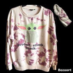 Star Wars Yoda Grogu Tie Dye Crewneck Sweatshirt with matching headband large
