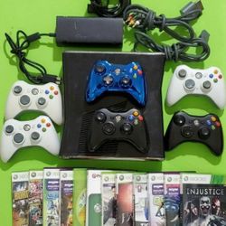 Xbox 360 Black Console Bundle With 12 Games, 6 Controllers, 6 Chatpads, Power & Video Cables