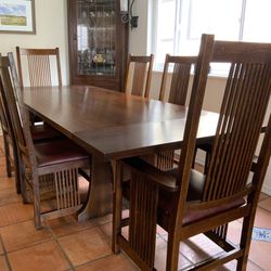 Stickley Oak keyhole trestle 76” table and corner cabinet