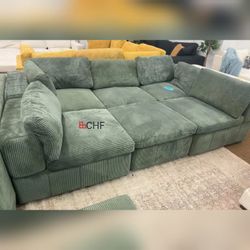 Green Corduroy Living Room Modular Sectional Sofa   