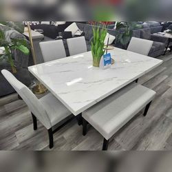 6 Pieces White Color Dining Table Set With Bench