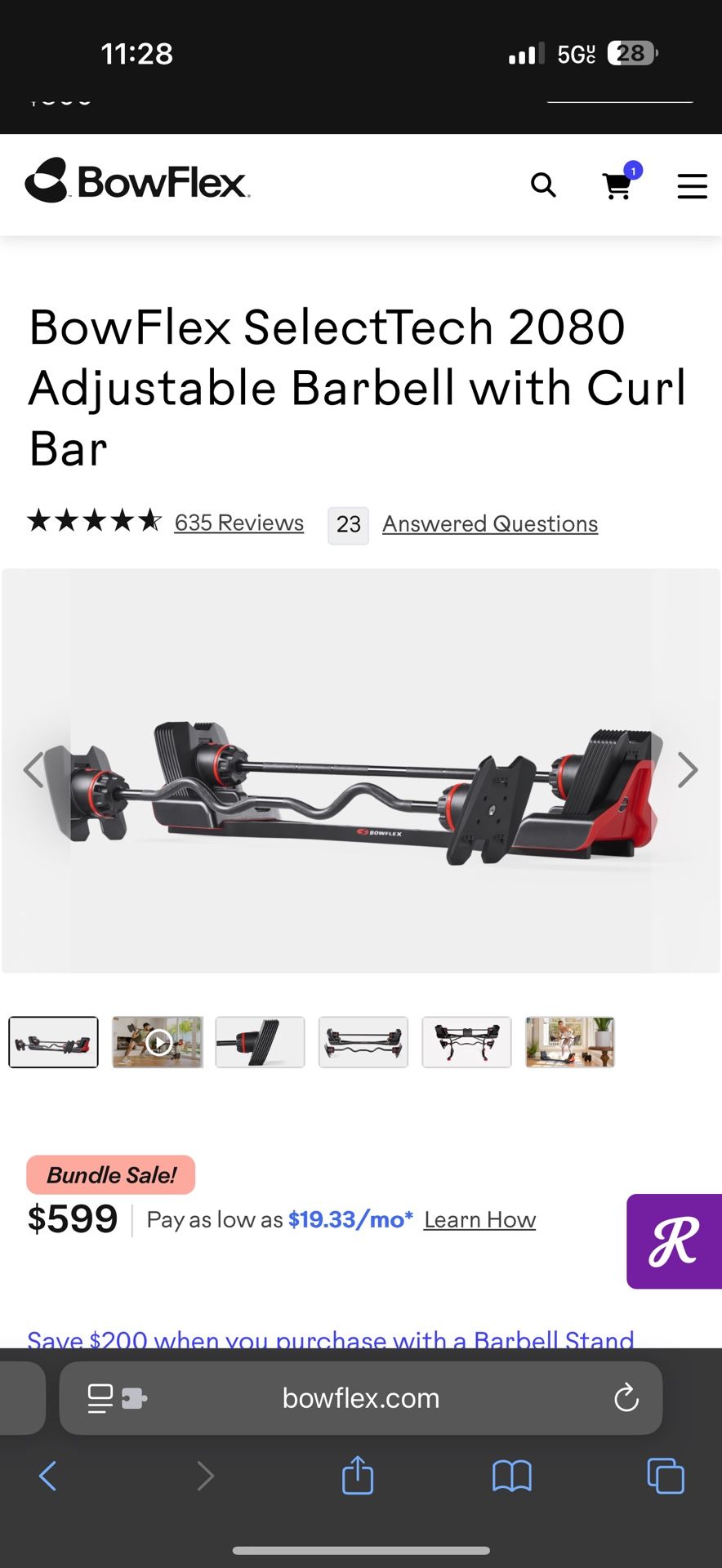 BowFlex SelectTech 2080 Adjustable Barbell with Curl Bar