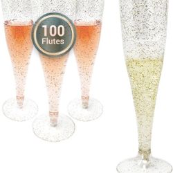 100 Gold glitter, Disposable champagne flutes, 3.5 ozs