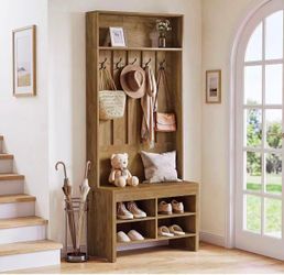 RR0102 Hall Tree with Bench and Storage, Entryway Bench with Coat Rack
70.87" Tall Entryway Organizer with 5 Hooks, 4 Cubbies Shoe Bench, Top Storage 