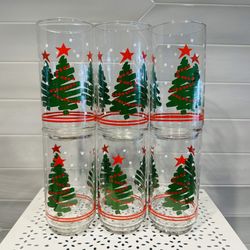 Set of 6 vintage Libbey swirl scribble Christmas tree glasses  16 oz. 5 5/8” tall . Bright and shiny.