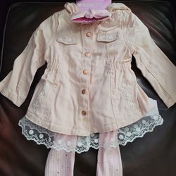 Nannette Baby Pink Jacket with Hoodie, Shirt that reads Kind Heart, with pink gold confetti  pants and matching head band. Sz 18M 