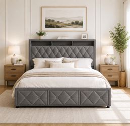 Gray King Size Bed Frame with 3 Storage Drawers