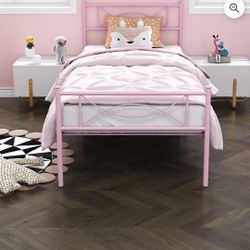 Yoneston Kids Pink Metal Platform Bed Frame Twin Single Bed with Headboard & Footboard for Girls Bedroom Furniture