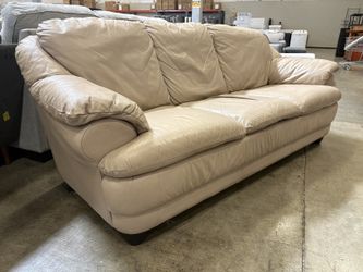 Vintage Beige Plush Leather Sofa with Pillow Top Arms and Back Cushions