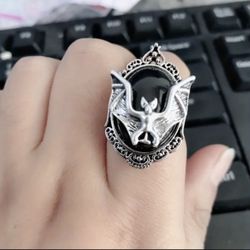 1 pc Vintage Gothic Bat Open Ring, Bat Black Synthetic stone Ring - Zirconia - exotic emo alternative Punk- Tribal Jewelry Rare Antique Black Silvery