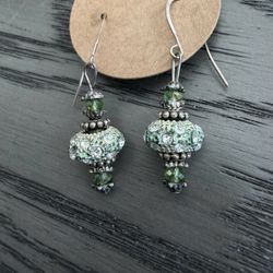 Vintage Green Peridot-green Beaded Rhinestone Tassel Dangle Earrings w Gift Bag