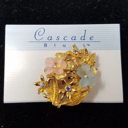 NWT Vintage Signed Lia Sophia Blue & Pink Mother of Pearl Flowers Blue & Clear Crystal Brooch Pin 