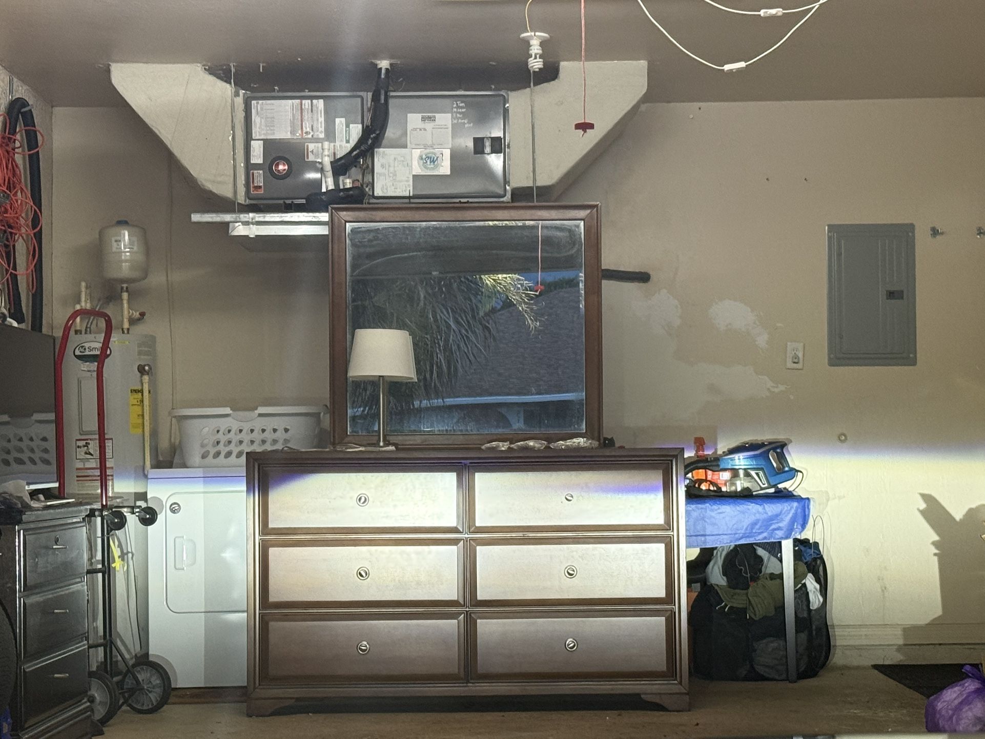 Wooden Dresser With Mirror Attached And Night Stand 
