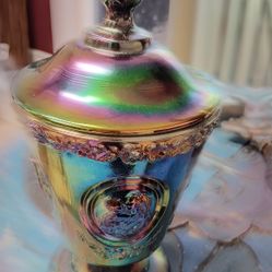 VTG Fenton Amethyst Carnival Glass Lidded Candy Dish Madonna, Mothers Day, child