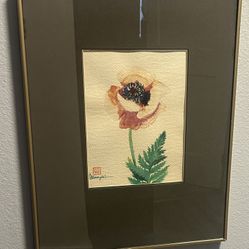 Japanese Watercolor Poppy Flower Signed Art